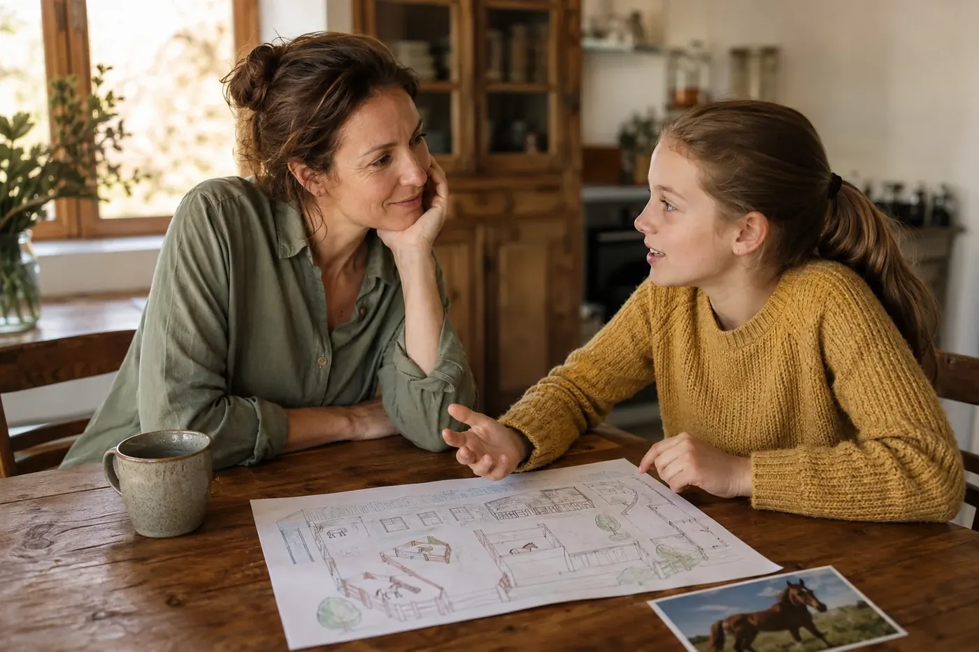 A mother and daughter sketching a dream stable together at the kitchen table