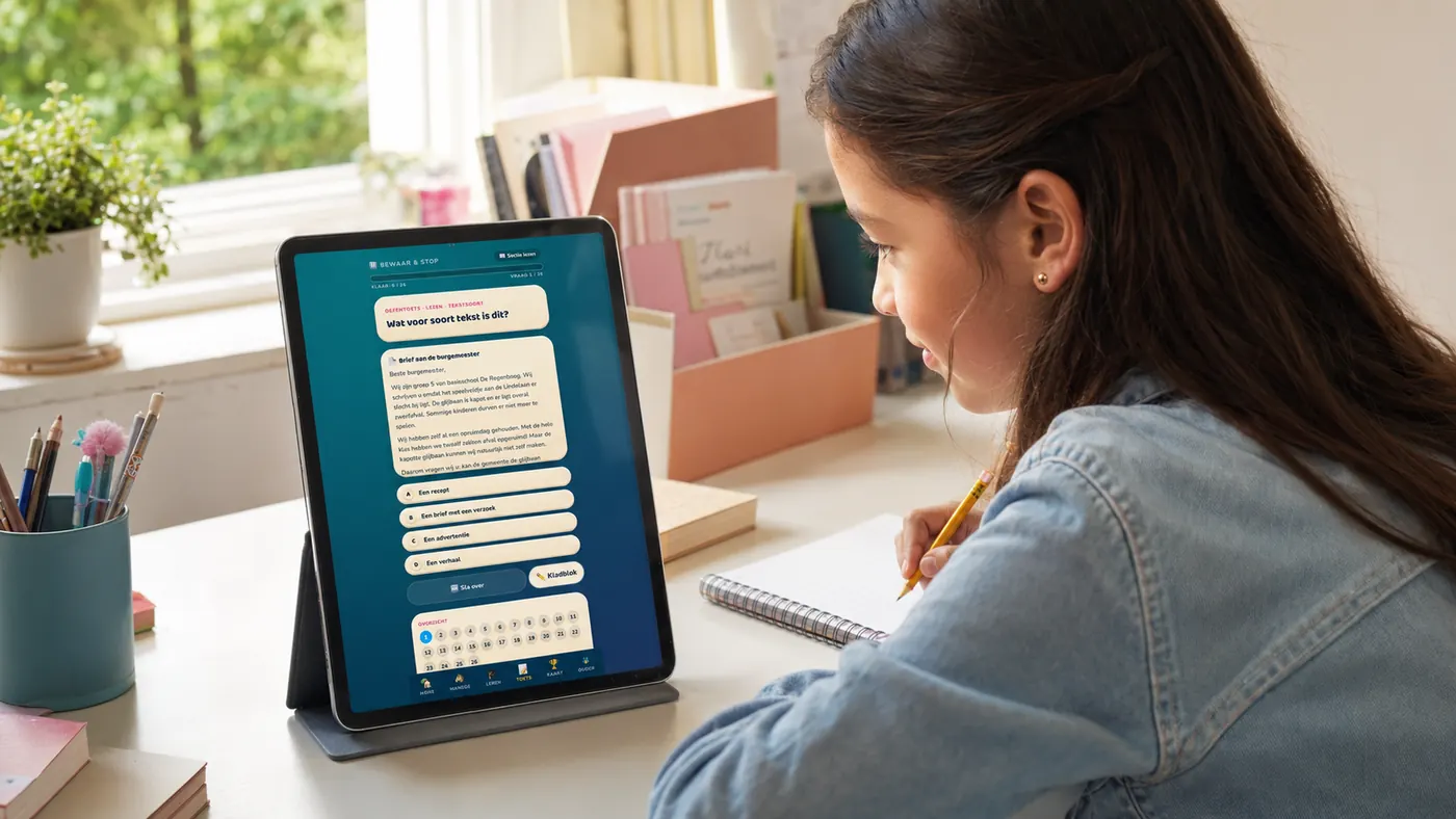 A girl practicing a reading comprehension exercise on a tablet