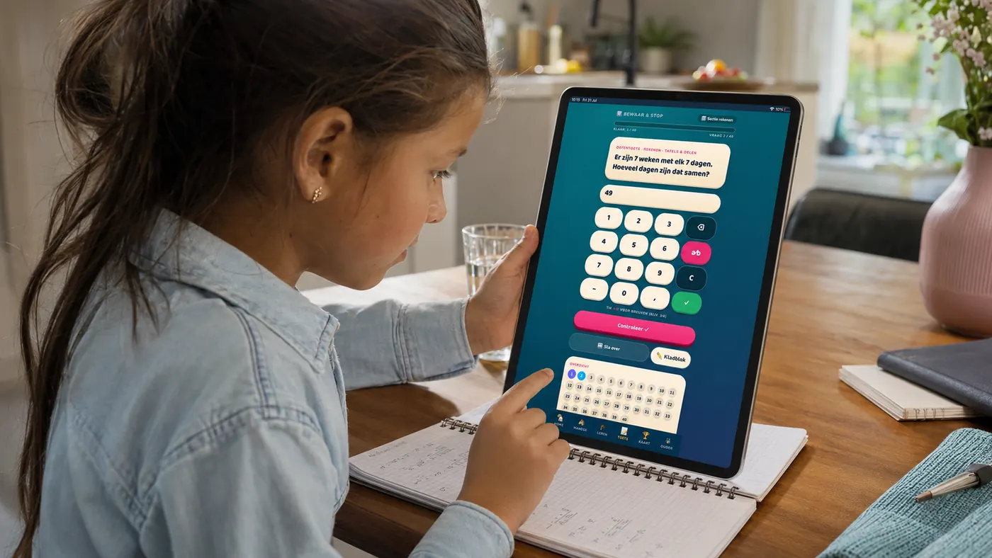 A girl carefully working through a math practice test on a tablet