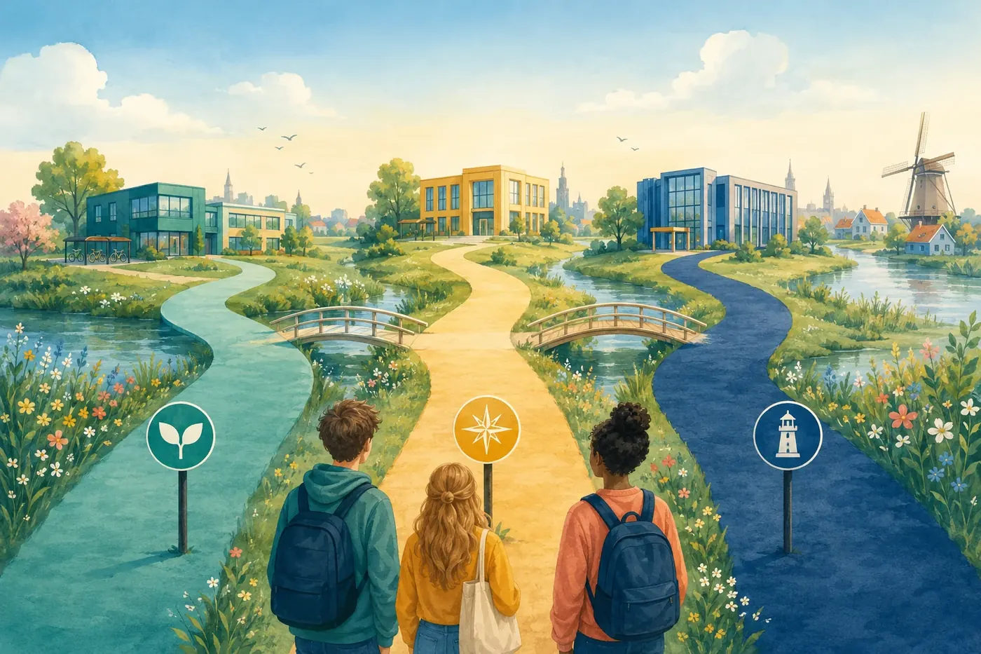 Three teenagers looking at the different paths of vmbo, havo and vwo