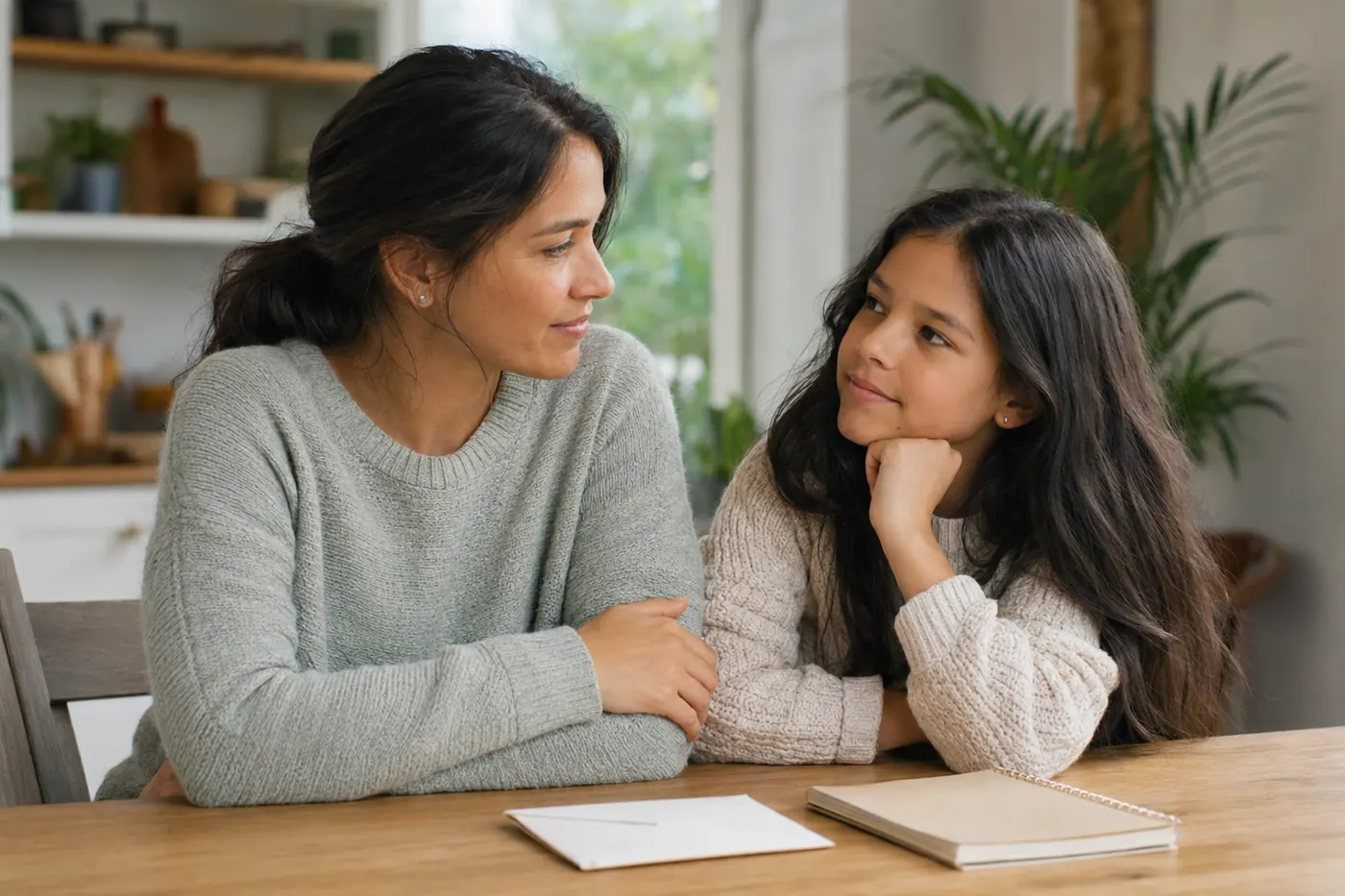 A mother and daughter discussing a school advice letter