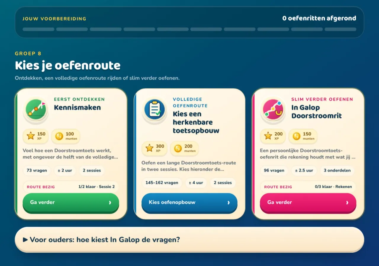Keuzescherm met Kennismaken, een volledige oefenroute en de persoonlijke In Galop Doorstroomrit