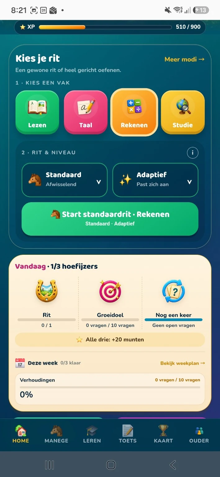 Een dagelijkse oefenrit met vakkeuze, adaptief niveau en weekdoel