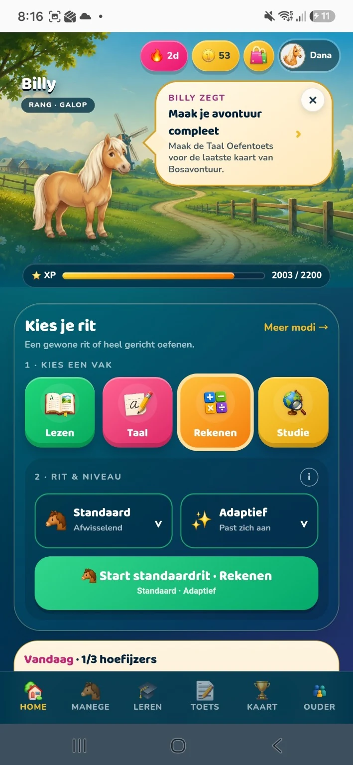 Kind kiest een vak, rit en adaptief niveau in In Galop