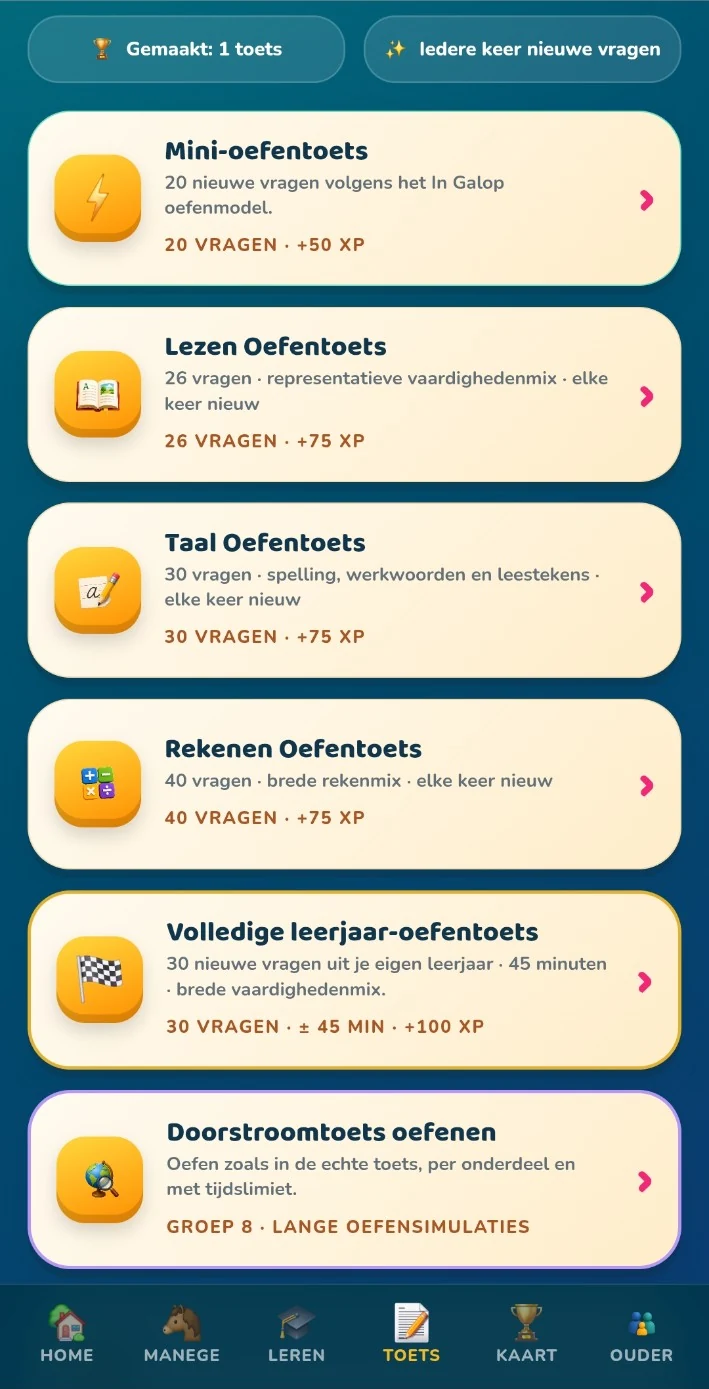 Menu met mini-oefentoets, Lezen, Taal, Rekenen, leerjaar-oefentoets en Doorstroomtoets
