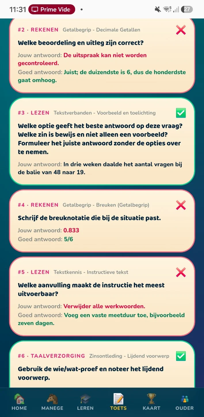 Toetsresultaten met goede en foute antwoorden en uitleg